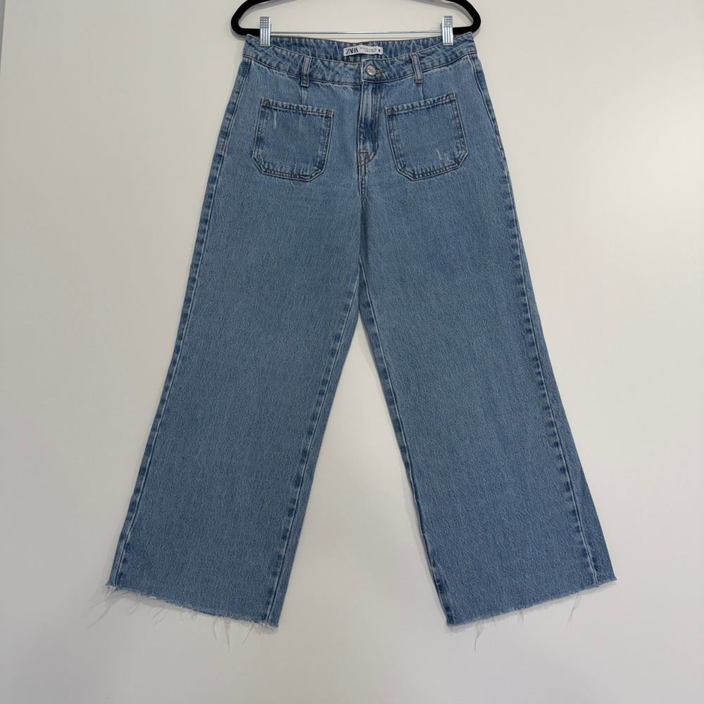 Zara Wide Leg Jeans Womens 6 Blue High Rise Patch Pocket Raw Hem Denim